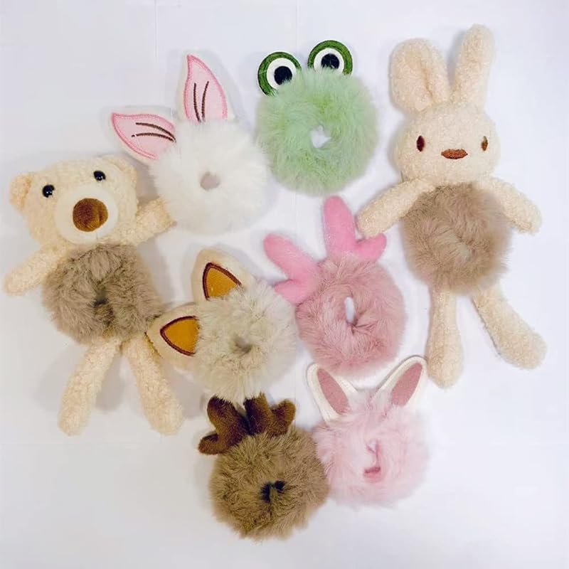 CNZON 8 Pieces Faux Fur Plush Bunny Scrunchies Fluffy Elastic Girls Women