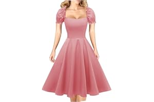 Hanpceirs Women's Puff Short Sleeve 1950s Party Dresses Square Neck Aline Dress with Pockets