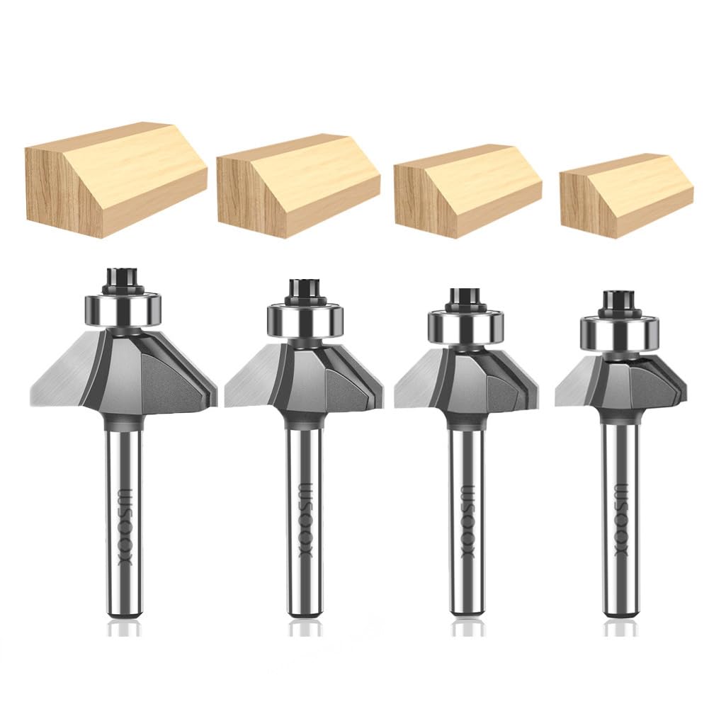 WSOOX 45 Degree Chamfer Router Bit set with 1/4 Inch Shank 4PCS C3 Carbide Bevel Edging Router Bits Cutting Diameter: 1/4",5/16",3/8",1/2".
