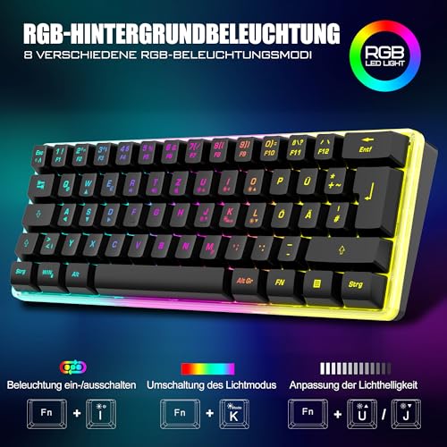 RedThunder 60% Wireless RGB Gaming Keyboard and Mouse Set, QWERTZ DE Layout, Rechargeable Wireless Keyboard with Ultralight Gaming Mouse with Honeycomb Construction, for PC Mac PS5 Xbox Gamer, Office
