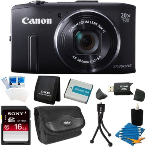 Canon PowerShot SX280 HS 12.1 MP CMOS Digital Camera with 20x Image Stabilized Zoom 25mm Wide-Angle Lens and 1080p Full-HD Video (Black) Pro Package With 16gb card , case , cleaning kit , tripod , spare battery