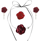 ONLYJUMP 3Pcs Red Velvet Rose Jewelry Set for Women Black Ribbon Necklace Pearl Tassel Earrings Chest Flower Vintage Floral Design Ideal Gift for Wedding Birthday Valentine's Day