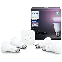 Philips Hue White and Color Ambiance A19 60W Equivalent LED Smart Bulb Starter Kit (4 A19 Bulbs and 1 Hub Compatible with Ama