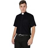 IvyRobes Men's Short Sleeves Tab Collar Clergy Shirt- Black White Purple