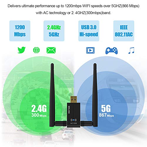 Wireless USB WiFi Adapter for PC - 802.11AC 1200Mbps Dual 5Dbi Antennas 5G/2.4G WiFi USB for PC Desktop Laptop MAC Windows 10/8/8.1/7/Vista/XP/Mac10.6/10.13, WiFi USB Computer Network Adapters