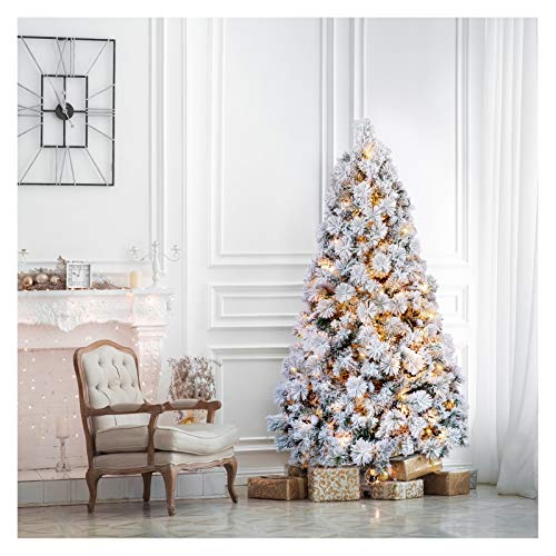 AMERZEST Spruce 6ft PreLit Snow Flocked Christmas Tree,300 Warm Lights