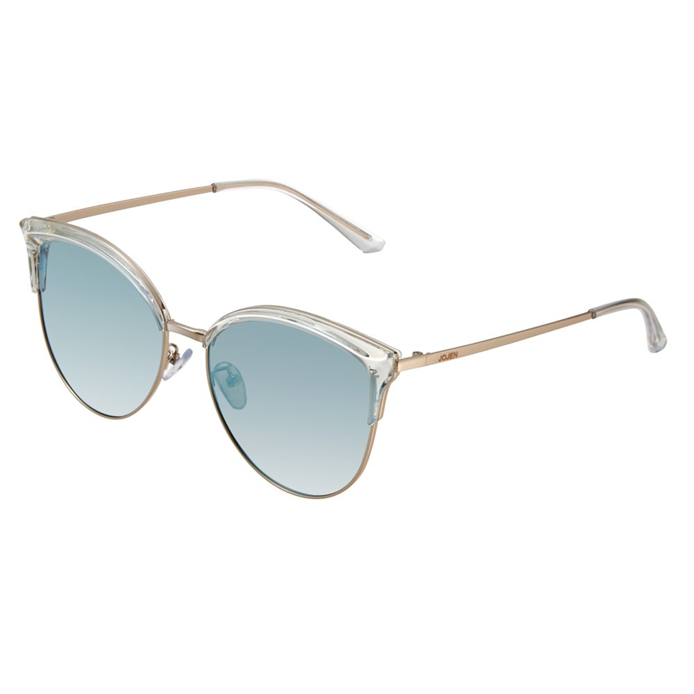 JOJEN Semi Rimless Cateye Polarized Sunglasses for Women Metal&TR90 Frame JE015(Transparent Frame Blue Lens)