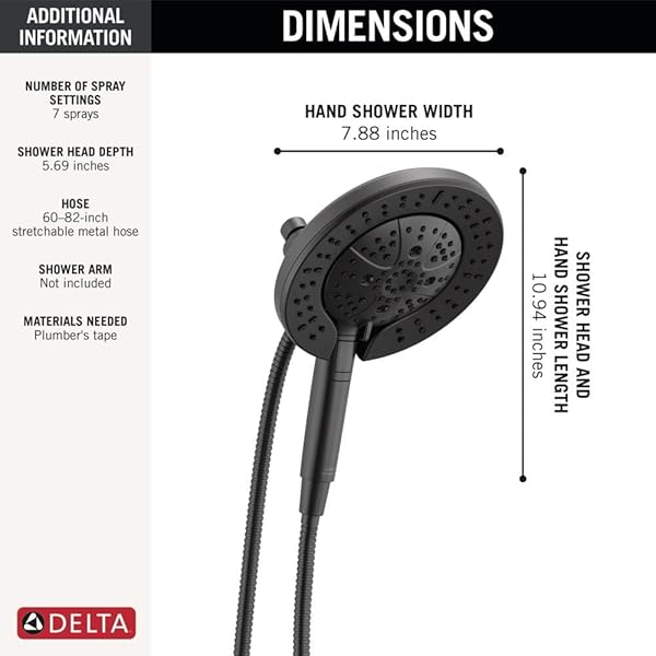 DELTA FAUCET 7-SETTING IN2ITION 2-IN-1 DUAL SHOWER HEAD WITH PROCLEAN SPRAY, MATTE BLACK ROUND WITH HOSE, HAND HELD SHOWER HEAD 2.5 GPM, MATTE BLACK 58651-BL25