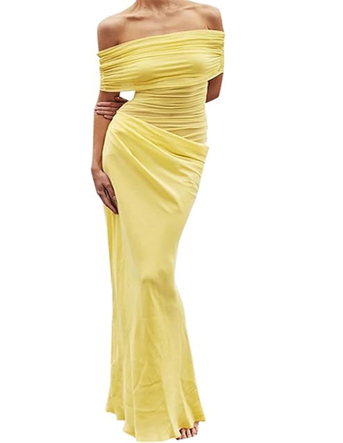 Photo 1 of *large* ABINGOO Women Sexy Off Shoulder Maxi Dress See Through Mesh Ruched Ruffles Paneled Bodycon Dress Y2K Party Summer Clubwear Yellow L