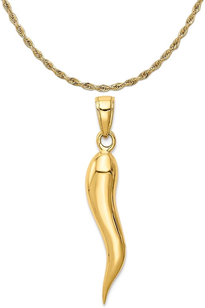 Mireval 14k Yellow Gold Large Italian Horn Pendant on a 14K Yellow Gold Rope Chain Mireval 14k Yellow Gold Large Italian Horn Pendant on a 14K Yellow Gold Rope Chain