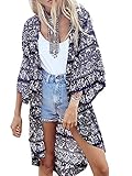 Choies Women's Chiffon Dark Blue Tribe Pattern 3/4 Sleeve Loose Kimono M