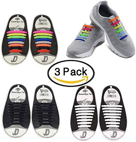 Pack of 3 No Tie Silicone Shoelace for Kids and Adults Waterproof Silicon Flat Elastic Athletic Running Shoe Laces with Multicolored Pair / 16 Pieces (Black, White,Color)