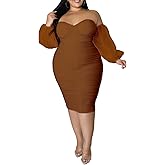 EDITCOZY Women Plus Size Dresses Curvy Off Shoulder Long Sleeve Cocktail Wedding Guest Bodycon Club Midi Dress