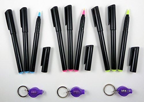 9 Invisible Ink Markers &amp; 3 UV LED Lights UltraViolet Blacklight Pens Blue Red Yellow Assorted