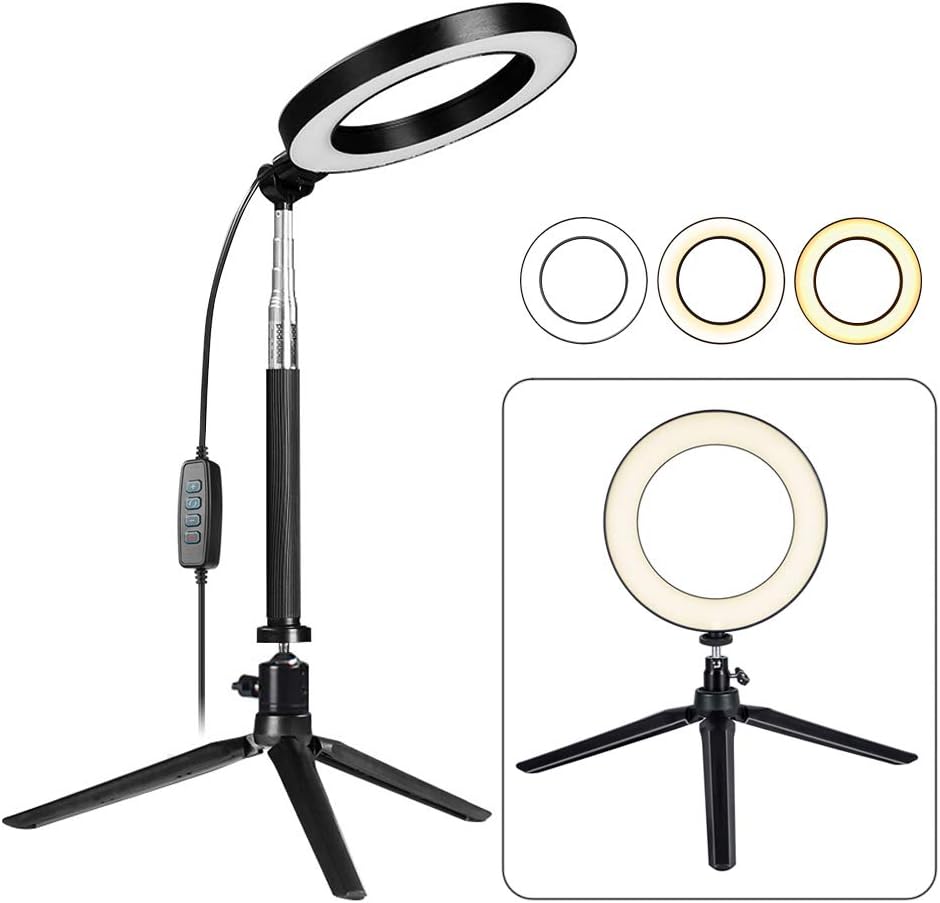LED Ring Light with Stretchable Tripod Stand Selfie Stick, 6-inch Dimmable Floor/Table Annular Lamp for Selfie, Makeup, Live Stream, YouTube, Vlog, Camera/Phone Video Shooting USB Plug