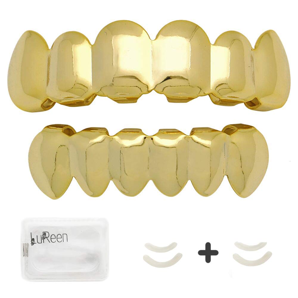 LuReen 14k Gold Plated Hip Hop Teeth Grillz Caps 6 Top and Bottom Grillz with 4 Silicon Molding Bars(2 Extra)