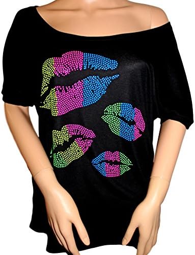 FanGarb Rhinestone 80's Clothes for Women 1980s Neon Lips Slouchy Tee Shirt (Scoop Neck Black, XLarge)