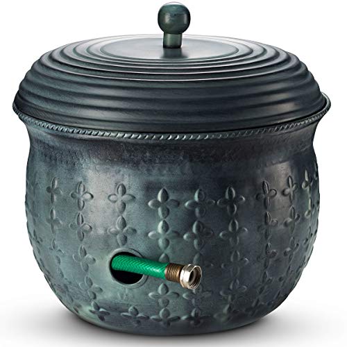 Garden Hose Holder Storage Pot Copper with Lid Antique Green Finish Lattice Steel