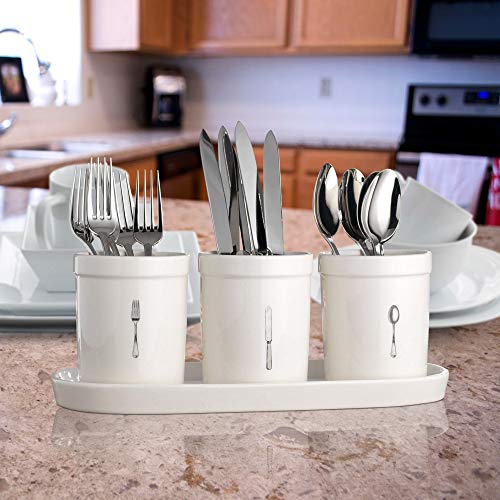 Emenest Flatware Organizer Set, 4-pc Ceramic Utensil Crocks on Tray - Printed Mugs on Stoneware Caddy - Home and Party Dinnerware Set - Thumbnail 2