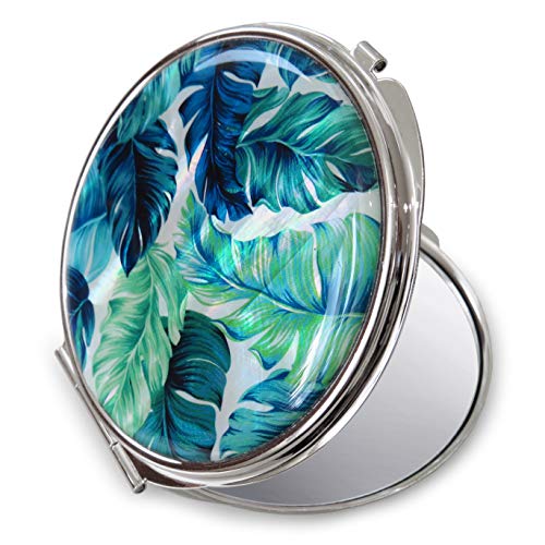 Makeup-Compact-Pocket-Mirror-Mother-of-Pearl-Metal-Round-Double-Sided-Folding-Magnify-Tropical-Palm-Leaves-Green