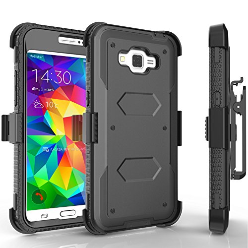 Grand Prime Case, Tekcoo [TShell Series] [Black] Shock Absorbing [Built-in Screen Protector] Holster Locking Belt Clip Defender Heavy Duty Case Cover for Samsung Galaxy Grand Prime/Go Prime