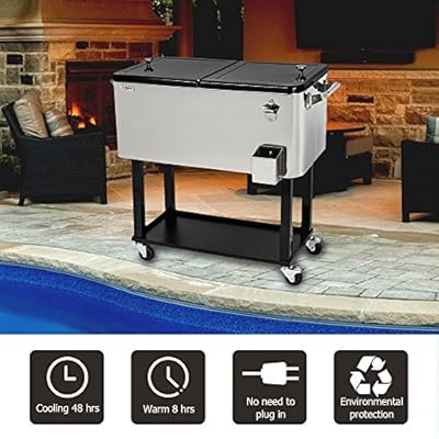 VINGLI 80 Quart Rolling Ice Chest, Portable Patio Party Bar Drink Cooler Cart, with Shelf, Beverage Pool with Bottle Opener