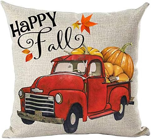 Ramirar Watercolor Retro Red Pickup Truck Orange Maple Leaves Pumpkins Happy Fall Y'all Decorative Throw Pillow Cover Case Cushion Home Living Room Bed Sofa Car Cotton Linen Square 18 x 18 Inches