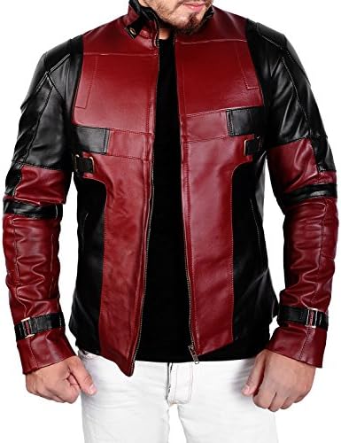 Hemskin Men's Motorcycle Wade Wilson Ryan Reynolds Superhero Costume Deadpool 2 Leather Jacket (Large, Red)