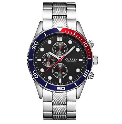 Curren Silver Stainless Steel Strap Black Dial Analog Watch with Decorative Sub-Dials for Men & Boys + Free Assured Gift