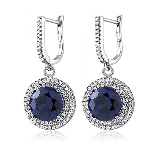 Sterling Silver Round Blue Simulated Sapphire Women's Dangle Earrings (9.48 cttw, 10MM Round)