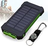 Foreverrise 10000mAh Solar Charger Dual USB Battery Pack Portable Phone Solar Power Bank Waterproof Battery Charger with LED Light and Carabiner with Compass Pack for Most USB Devices(Green)