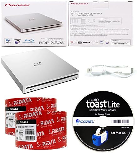 Pioneer 6x BDR-XS06 Slim Slot Portable External Blu-ray BDXL Burner, Roxio Toast Lite Software and USB Cable Bundle with 100pk CD-R RiDATA White Inkjet Printable