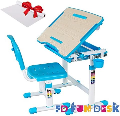 FD FUN DESK Height Adjustable Children Desk &amp; Chair Set, Kids Workstation for School, Kids Study Table in BAMBINO (Blue)+1 Paper Roll Gift