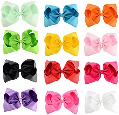 Big 8 Inches Hair Bows Grosgrain Boutique Hair Bow Clips For Teens Kids Toddlers Giant Hair Bow, 12 Pieces
