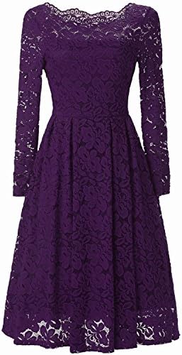 Women's Vintage Floral Lace Long Sleeve Boat Neck Off-The-Shoulder Cocktail Formal Swing Dress (XXXL, Purple)