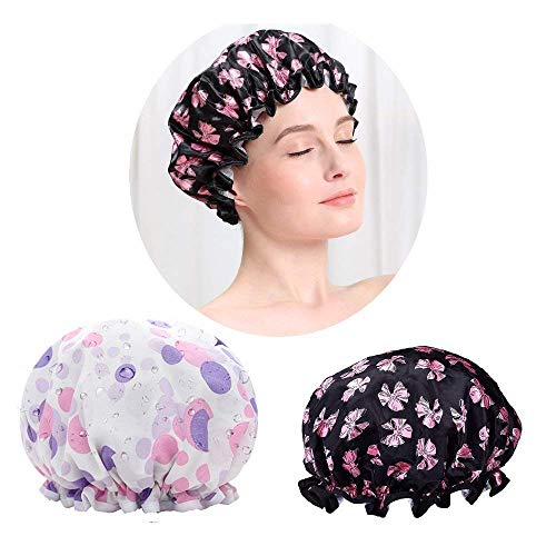 ESA Supplies Waterproof Lined Shower Caps Long Hair Women Double Layer Bath Cap 2 Packs