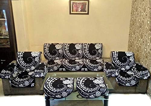 CreativeHub 12 Piece Multi Floral Velvet Design 5 Seater Sofa Cover, 3+1+1, 6 Arm-Rest, Black