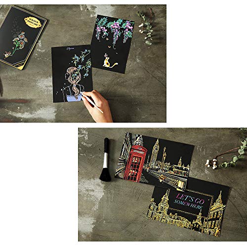 Scratch Art Paper, Rainbow Night View Scratchboard Pads for Adults and Kids, Mini Envelope Postcard Art & Crafts Set: 12 Sheets Scratch Cards & Scratch Drawing Pen, Clean Brush 7.9"x5.5" (City Living)