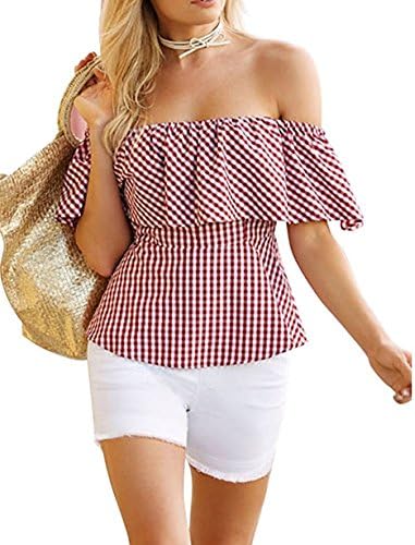 YakkieSiva Women's Summer Ruffles Off Shoulder Casual Blouse Stripe Cover Up Tops (Large, Red Stripe)