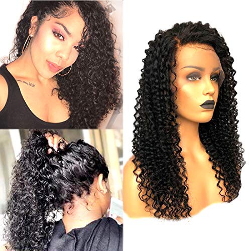 Giannay Hair Deep Curly Synthetic Lace Front Wigs Part Handmade Glueless Long Wig High Temperature Heat Resistant Fiber Wigs with Baby Hair Black Color for Women 22 Inch (includes pair of eyelashes)
