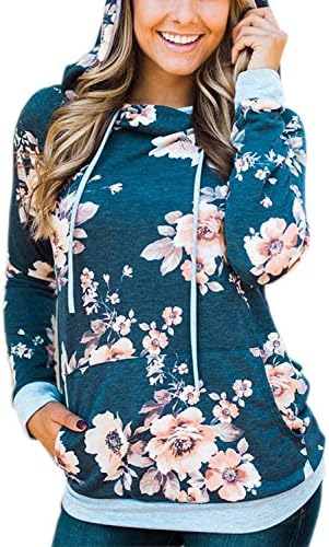 EIFFTER Womem Floral Print Pullover Hoodie Casual Long Sleeve Drawstring Hooded Sweatshirt With Pocket (Large, Blue)