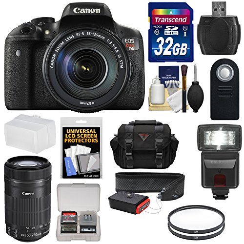 Canon EOS Rebel T6i Wi-Fi Digital SLR Camera & EF-S 18-135mm IS & 55-250mm IS STM Lens with 32GB Card + Case + Strap + Filters + Flash + Kit