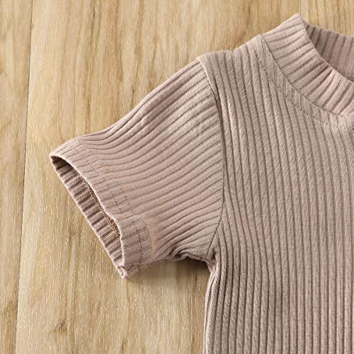 Newborn Baby Boy Girls Clothes Basic Plain Rib Stitch Short-Sleeve Top with Shorts 2 Pieces Outfits Set for Unisex (Brown Onesie Shorts Set, 18-24 Months) - Thumbnail 5