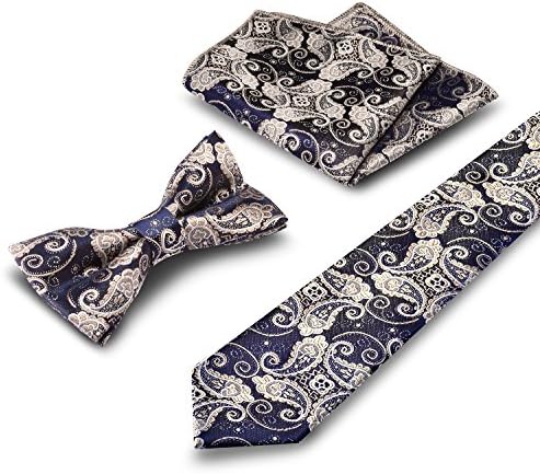 WEBO Mens Polyester Skinny Neck ties Bowtie Pocket Square 3pcs Set（Gold&amp;flowers）