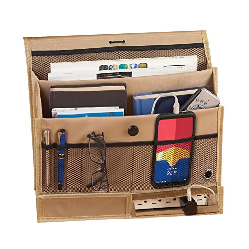 Hanging Bedside Storage Caddy Organizer for Books, Phone, Tablet, TV Remote, Tan, 14"L X 13"W