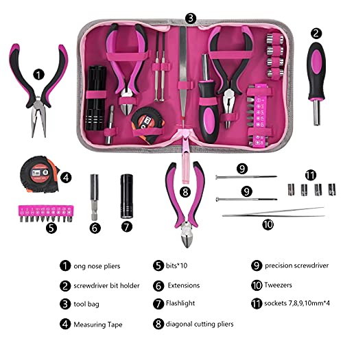 Werkzeugset Rosa Lady Werkzeug Set mit Werkzeugkoffer 23-Teiliges Reparatur Werkzeug Kit mit Schraubendreher Bit Maßband… – Bild 3