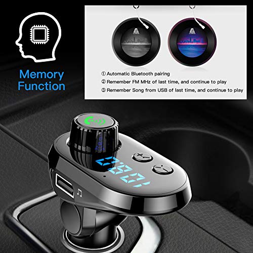 Bluetooth FM Transmitter Car Adapter, MANLI Car Charger MP3 Player, Bluetooth 5.0, with 3 Ports for iPhone, Android and Type C, 1 USB 5V/2.1A and TF Card Connection, Handsfree
