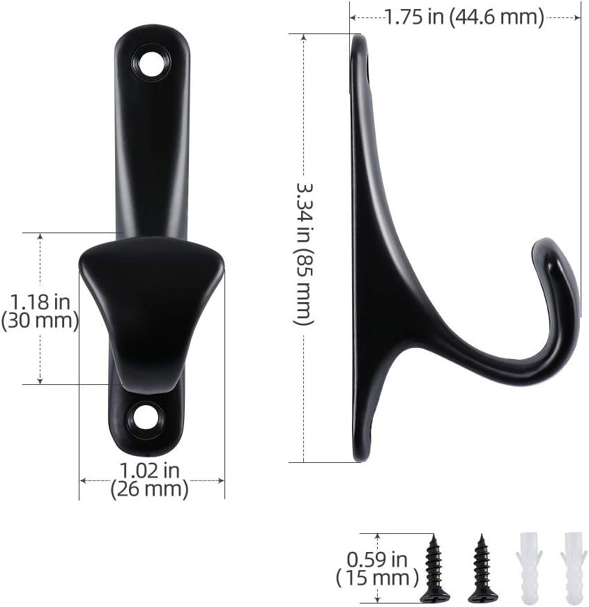 4 Pack Vintage Bath Towel Hooks Black, Tin Alloy Clothes Hooks for Hanging Coat and Robe, Industrial Heavy Duty Wall Mounted Hook with All Mounting Hardware for Farmhouse Retro DIY Projects - - 