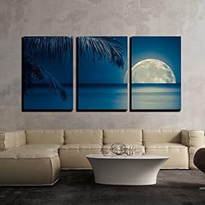3 Piece Canvas Wall Art - Beautiful Full Moon Reflected on The Calm Water of a Tropical Beach (Toned in Blue) - Modern Home Art Stretched and Framed Ready to Hang - 16"x24"x3 Panels