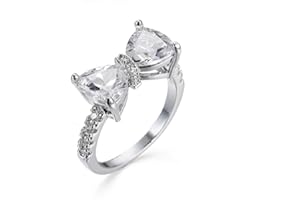 LVSHI Women Fashion 925 Silver Bow Tie Ring Heart Cubic Zirconia Bowknot Anniversary Wedding Engagement Ring White Gold Plate